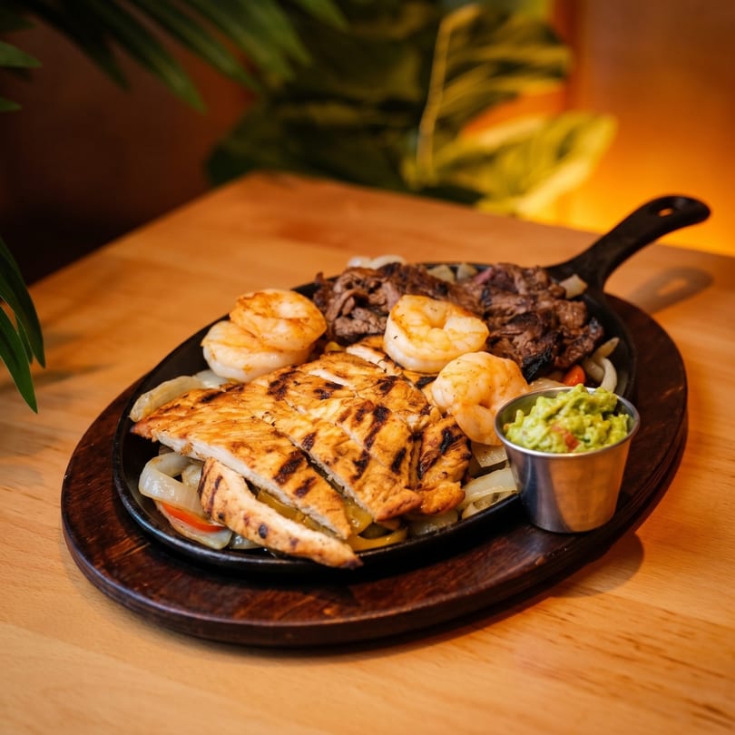 Sizzling fajitas with grilled chicken, steak, shrimp, onions, peppers, and guacamole in a cast iron skillet.