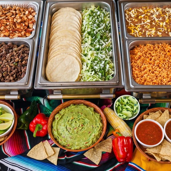 A vibrant Mexican buffet with tacos, rice, beans, guacamole, salsa, and fresh vegetables.
