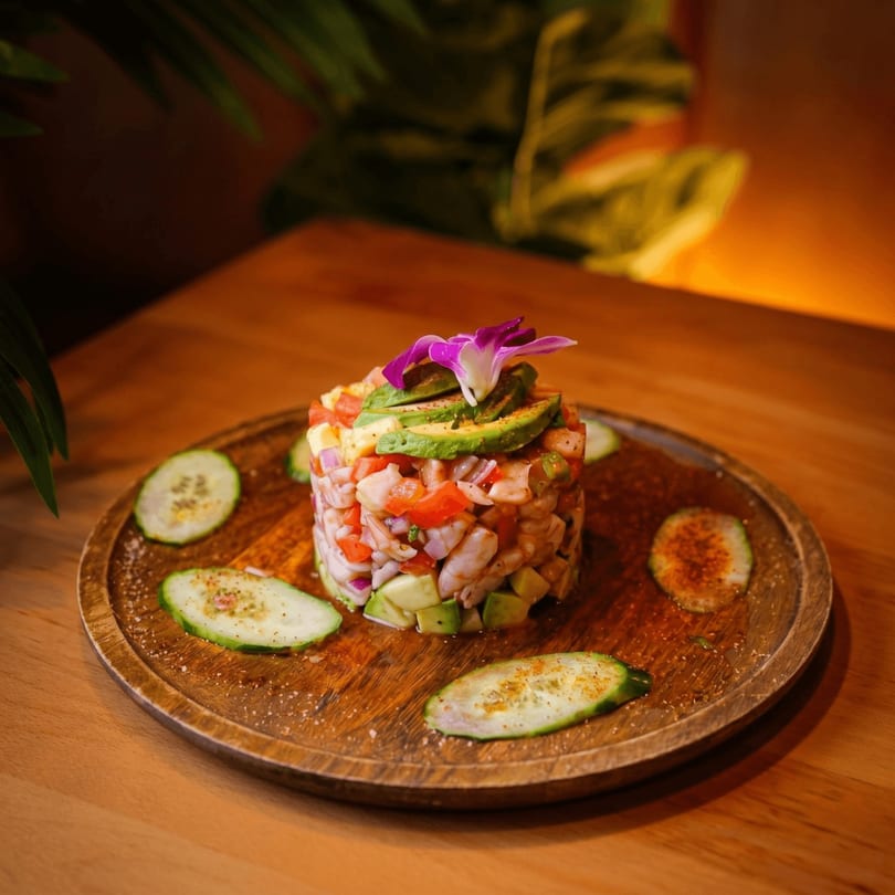 Shrimp ceviche tower with avocado, tomato, and onion, garnished with a purple orchid and cucumber slices.
