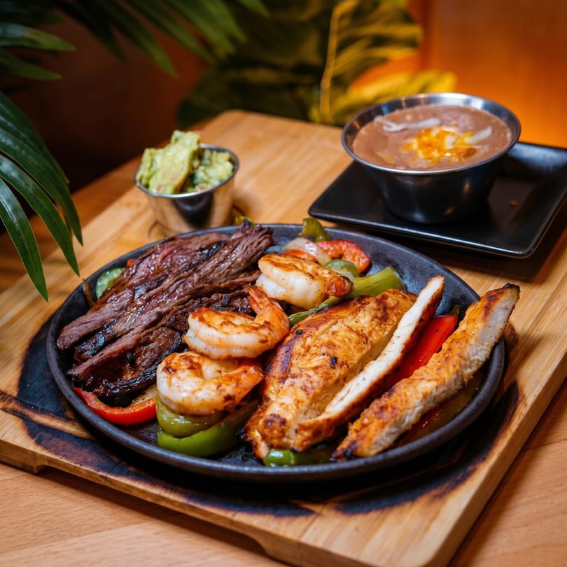 Sizzling fajitas with steak, shrimp, chicken, and peppers, served with guacamole and refried beans.