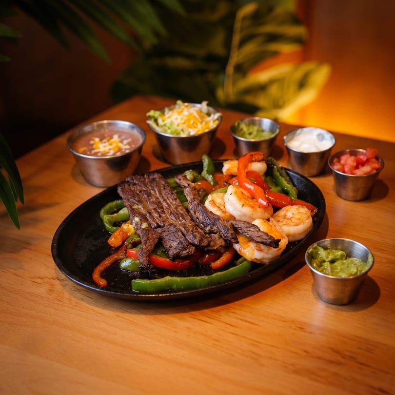 Sizzling fajitas with steak, shrimp, peppers, and onions, served with various sides on a wooden table.
